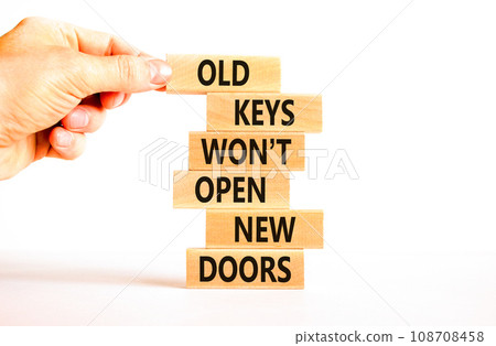 Old keys do not open new doors symbol. Concept words Old keys do not open new doors. Beautiful white table background. Businessman hand. Business popular quotation old key new door concept Copy space Old keys do not open new doors symbol. Concept words Old keys do not open new doors. Beautiful white table background. Businessman hand. Business popular quotation old key new door concept Copy space 108708458