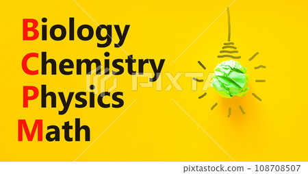 BCPM biology chemistry physics math symbol. Concept words BCPM biology chemistry physics math on yellow paper on beautiful yellow background. Business BCPM biology chemistry physics math concept. 108708507