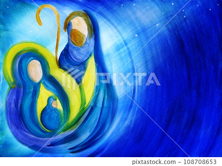 Bethlehem nativity scene. Abstract watercolor Christmas scene illustration representing the holy family with Joseph Mary and baby Jesus. Blue starry background. Copy space Merry Christmas Bethlehem nativity scene. Abstract watercolor Christmas scene illustration representing the holy family with Joseph Mary and baby Jesus. Blue starry background. Copy space Merry Christmas 108708653
