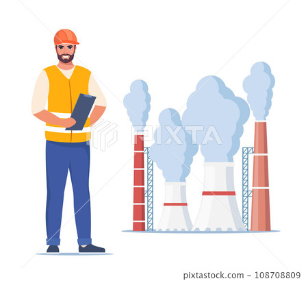Engineer in orange vest and protective helmet. Factory plant with smoking towers and pipes. Management worker man. Vector illustration. Engineer in orange vest and protective helmet. Factory plant with smoking towers and pipes. Management worker man. Vector illustration. 108708809