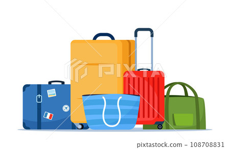 Travel bags composition. Suitcase, backpack, duffel bag. Tourist case, journey and adventure baggage. Retro tourist case with stickers. Wheeled travel bag with hand. Vector illustration. 108708831
