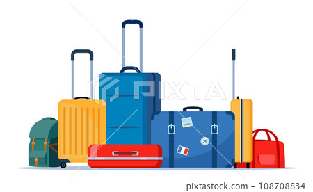 Travel bags composition. Suitcase, backpack, duffel bag. Tourist case, journey and adventure baggage. Retro tourist case with stickers. Wheeled travel bag with hand. Vector illustration. 108708834