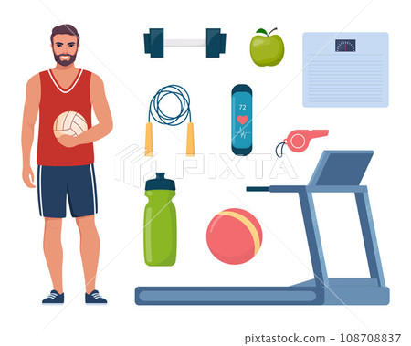 Man dressed in sports clothes. Gym sport fitness exercise workout equipment set icons. Treadmill, dumbbells, fitness bracelet, ball, sneakers, jump rope, bottle, whistle, apple. Vector illustration. 108708837