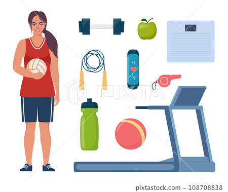 Woman dressed in sports clothes. Gym sport fitness exercise workout equipment set icons. Treadmill, dumbbells, fitness bracelet, ball, sneakers, jump rope, bottle, whistle, apple. Vector illustration. 108708838