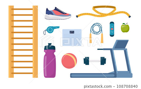 Gym sport fitness exercise workout equipment set icons. Treadmill, dumbbells, fitness bracelet, ball, sneakers, jump rope, bottle, whistle, apple. Vector illustration. Gym sport fitness exercise workout equipment set icons. Treadmill, dumbbells, fitness bracelet, ball, sneakers, jump rope, bottle, whistle, apple. Vector illustration. 108708840