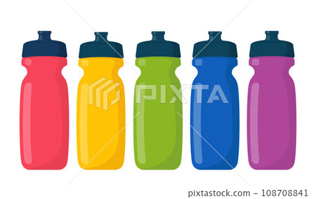 Multicolored sports bottles set. Fresh water plastic containers. Athlete accessory, fitness equipment store item. Active recreation, healthy lifestyle, training attribute. Vector illustration. Multicolored sports bottles set. Fresh water plastic containers. Athlete accessory, fitness equipment store item. Active recreation, healthy lifestyle, training attribute. Vector illustration. 108708841