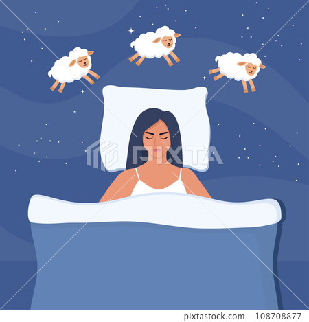 Woman falls asleep, dreams, and counts sheep. Insomnia and sleep disorders. Girl lying on the bed, lambs are jumping around. Around the stars and dark space. Vector illustration. 108708877