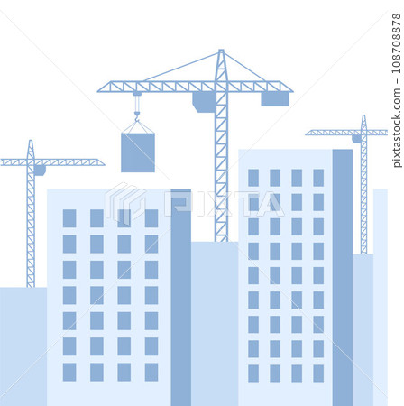 Construction site with a tower crane. Construction of residential buildings. Panoramic view of the construction of skyscrapers. Construction city background. Vector illustration. 108708878