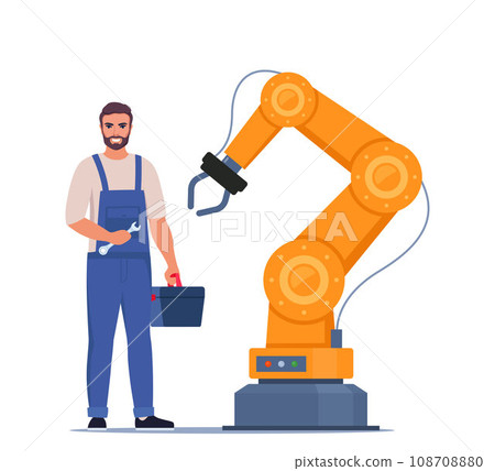 Robotic arm. Industrial tool mechanical robot arm machine hydraulic equipment. Man repairing automated machine hand. Mechanic in uniform with toolbox and wrench in his hand. Vector illustration. 108708880