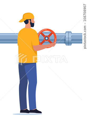 Engineer or repairman in workwear inspect petroleum or water pipelines. Valve and pressure gauge on the pipe. Oil, gas or water industry. Vector illustration. Engineer or repairman in workwear inspect petroleum or water pipelines. Valve and pressure gauge on the pipe. Oil, gas or water industry. Vector illustration. 108708907