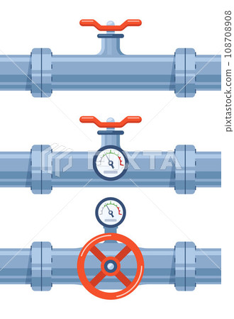Pipe of water with valve and meter of pressure. Pipe elements. System of pipeline with valve and manometer for industry. Construction of steel tube. Vector illustration. Pipe of water with valve and meter of pressure. Pipe elements. System of pipeline with valve and manometer for industry. Construction of steel tube. Vector illustration. 108708908