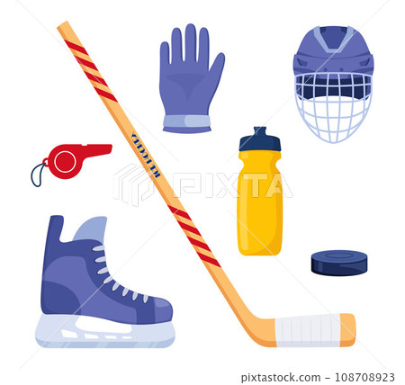 Set of hockey equipment. Helmet, gloves, stick, puck, skates, whistle, water bottle. Vector illustration. 108708923