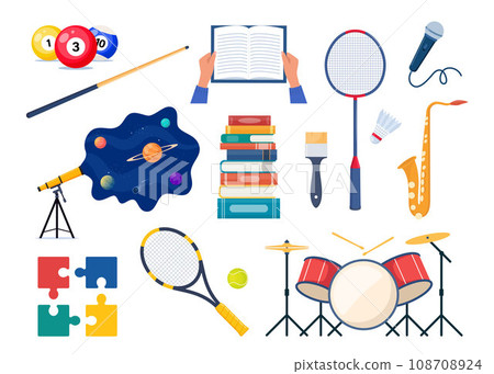 Items for various hobbies and creativity. Equipment for sports, art, games. Ways of spending time. Billiard, tennis, music, astronomy, reading, puzzles, drawing, singing. Vector illustration. 108708924