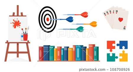 Items for various hobbies and creativity. Equipment for art, games. Ways of spending time. Playing cards, reading, darts, puzzles, drawing. Vector illustration. 108708926
