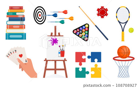 Items for various hobbies and creativity. Equipment for sports, art, games. Ways of spending time. Billiard, tennis, basketball, playing cards, reading, darts, puzzles, drawing. Vector illustration. 108708927