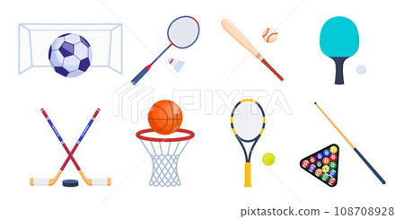 Sports equipment for tennis, badminton, baseball, table tennis, basketball, billiard, soccer, hockey. Rackets, balls, shuttlecock, stick. Vector Illustration. 108708928