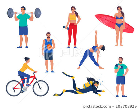 Men and women performing various sports activities. Bundle of happy training or exercising people. Strength training, cycling, yoga, basketball, diving, surfing. Vector illustration. Men and women performing various sports activities. Bundle of happy training or exercising people. Strength training, cycling, yoga, basketball, diving, surfing. Vector illustration. 108708929