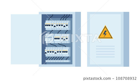Electrical panel with switches, fuse, contactor, wire, automatic circuit breaker. Stainless steel switchboard box. Power distribution device. Vector illustration. 108708932