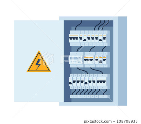Electrical panel with switches, fuse, contactor, wire, automatic circuit breaker. Stainless steel switchboard box. Power distribution device. Vector illustration. 108708933