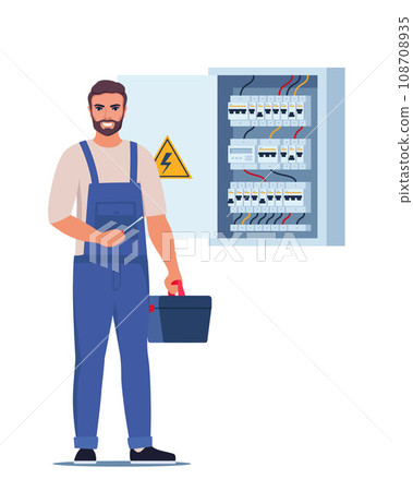 Electrician worker check and repair electrical switchboard. Home Repairman, Electrical Safety Concept. Vector illustration. 108708935