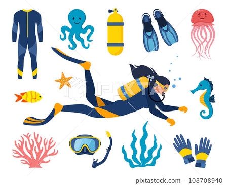 Diving and underwater world, set of elements. Diver with aqualung oxygen cylinders and flippers, mask, tube, marine life elements. Starfish, octopus, jellyfish, corals, algae. Vector illustration. 108708940