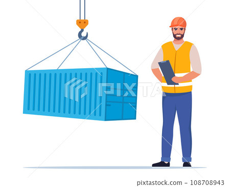 Loading freight container by crane. Man engineer. Construction Worker in uniform and orange protective helmet, holding clipboard with checklist. Head of construction works. Vector illustration. Loading freight container by crane. Man engineer. Construction Worker in uniform and orange protective helmet, holding clipboard with checklist. Head of construction works. Vector illustration. 108708943