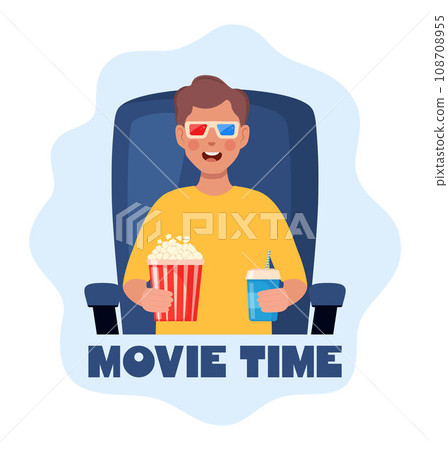 Kid watching movie with 3d glasses. Soda and popcorn in kids hands. Movie time concept. Cinema theater entertainment for children. Vector illustration. 108708955