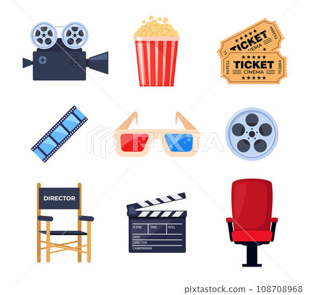 Cinema elements. Tickets, popcorn bucket, 3D glasses, clapperboard, montage tape, video camera. Vector illustration for cinema theater, film industry, show, movie making concept. Vector illustration. 108708968