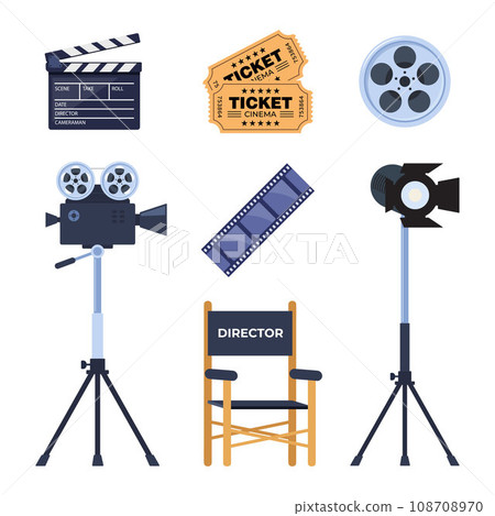 Cinematography icons set. Movie, cinema making professional equipment for recording film. Director chair, camera, lighting, clapperboard, filmstrip. Vector illustration. Cinematography icons set. Movie, cinema making professional equipment for recording film. Director chair, camera, lighting, clapperboard, filmstrip. Vector illustration. 108708970