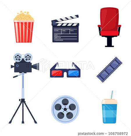 Cinema elements. Tickets, popcorn bucket, 3D glasses, clapperboard, montage tape, video camera. Vector illustration for cinema theater, film industry, show, movie making concept. Vector illustration. 108708972