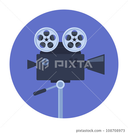 Retro movie projector. Analog device, cinema motion picture film projector with different film reels. Retro film camera. Vector illustration. 108708973