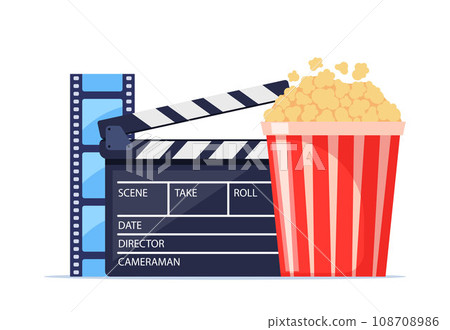 Movie time. Composition with popcorn, clapperboard, 3d glasses and filmstrip. Cinema poster, banner design for movie theater. Vector illustration. 108708986