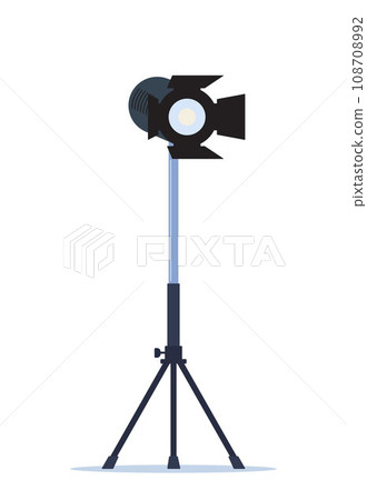 Cinema spotlight. Lamp projector on a tripod. Light source, studio lighting. Equipment for filming. Vector illustration. Cinema spotlight. Lamp projector on a tripod. Light source, studio lighting. Equipment for filming. Vector illustration. 108708992