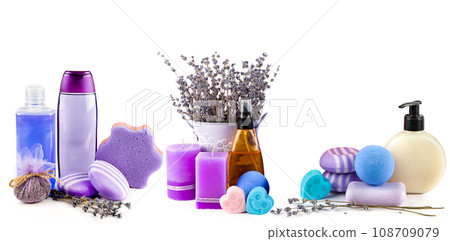 Shampoo, soap, scented candles and other shower and spa products isolated on a white background. Shampoo, soap, scented candles and other shower and spa products isolated on a white background. 108709079