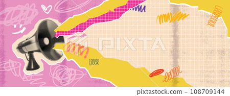 Halftone loudspeaker poster, vector paper collage texture, vintage pop art sale announcement banner 108709144