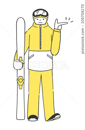 Illustration material of a male skier pointing and guiding while holding a ski board 108709270