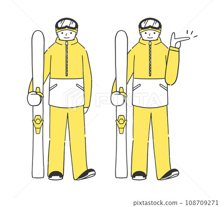 拿著滑雪板的男性滑雪者的全身插圖集 拿著滑雪板的男性滑雪者的全身插圖集 108709271