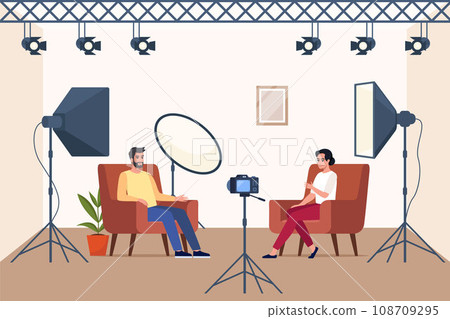 Shooting interview in professional studio. Soft box light, camera, spotlight. Professional equipment for video shooting. Two people having conversation on camera, making content. Vector illustration. 108709295
