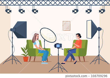 Shooting interview in professional studio. Soft box light, camera, spotlight. Professional equipment for video shooting. Two people having conversation on camera, making content. Vector illustration. 108709296