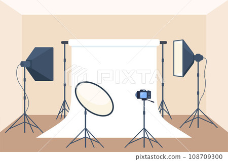 Photo studio with white blank background, soft box light, camera, spotlight. Professional equipment for photo and video shooting. Vector illustration. 108709300