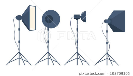 Different types of professional lighting equipment for blogging, vlogging and studio photo and video. Vector illustration. Different types of professional lighting equipment for blogging, vlogging and studio photo and video. Vector illustration. 108709305