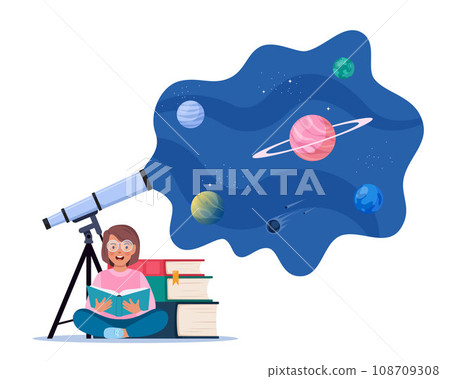 Cute girl reading book about universe, space and planets, sitting near pile of books. Astronomical telescope looks into space with planets, stars and comets. Imagination concept. Vector illustration. Cute girl reading book about universe, space and planets, sitting near pile of books. Astronomical telescope looks into space with planets, stars and comets. Imagination concept. Vector illustration. 108709308