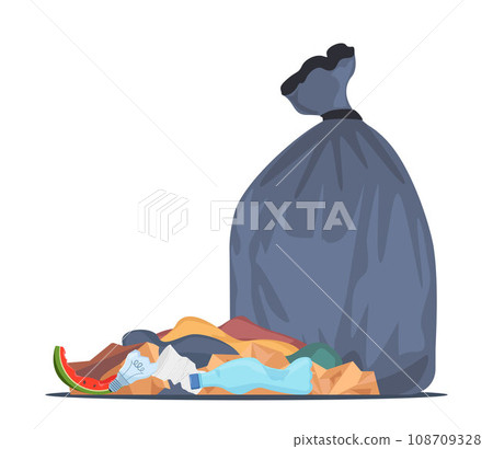 Big heap of trash and waste bag. Garage dump with mountain of trash and waste bag, disgusting heap of household waste, environmental pollution. Vector illustration. Big heap of trash and waste bag. Garage dump with mountain of trash and waste bag, disgusting heap of household waste, environmental pollution. Vector illustration. 108709328