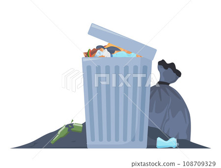 Overflowing trash can. Food garbage in waste bin with nasty smell. Rubbish dump and trash recycling, black bags with trash. Vector illustration. 108709329