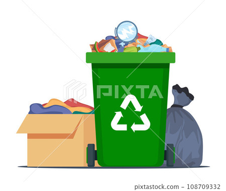 Full garbage bin, black plastic trash bag, paper box with trash. Overflowing recycling container with trash. Green recycle can. Street dump pollution, trashcan basket. Vector illustration. Full garbage bin, black plastic trash bag, paper box with trash. Overflowing recycling container with trash. Green recycle can. Street dump pollution, trashcan basket. Vector illustration. 108709332
