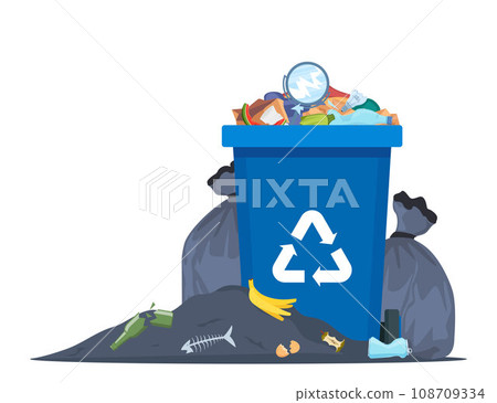 Overflowing trash can. Food garbage in waste bin with nasty smell. Rubbish dump and trash recycling, black bags with trash. Vector illustration. 108709334