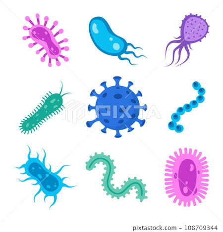 Different bacteria, pathogenic microorganisms, set. Bacteria and germs, microorganisms disease-causing, bacteria, bacteria, viruses, fungi, protozoa, probiotic. Vector illustration. Different bacteria, pathogenic microorganisms, set. Bacteria and germs, microorganisms disease-causing, bacteria, bacteria, viruses, fungi, protozoa, probiotic. Vector illustration. 108709344