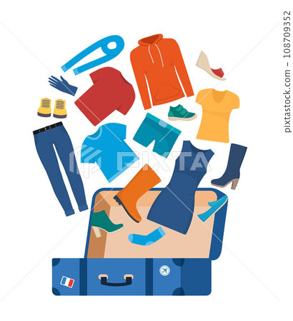 Lots of different clothes and suitcase. Packing luggage for business trip or vacation. Clothes and travel bag. Vector illustration. Lots of different clothes and suitcase. Packing luggage for business trip or vacation. Clothes and travel bag. Vector illustration. 108709352