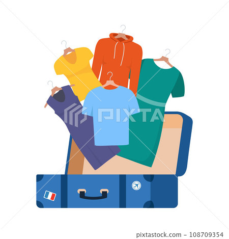 Lots of different clothes and suitcase. Packing luggage for business trip or vacation. Clothes and travel bag. Vector illustration. Lots of different clothes and suitcase. Packing luggage for business trip or vacation. Clothes and travel bag. Vector illustration. 108709354