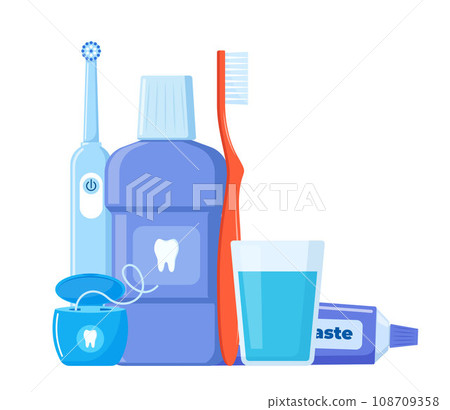 Dental cleaning tools. Oral care and hygiene products. Toothbrush, toothpaste, mouthwash, floss toothpick, dental floss, dental irrigator. Brushing teeth. Vector illustration. Dental cleaning tools. Oral care and hygiene products. Toothbrush, toothpaste, mouthwash, floss toothpick, dental floss, dental irrigator. Brushing teeth. Vector illustration. 108709358